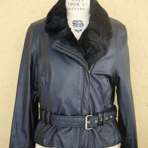 80s 90s Black Leather Classic Motorcycle Jacket with Faux Fur Trim Details